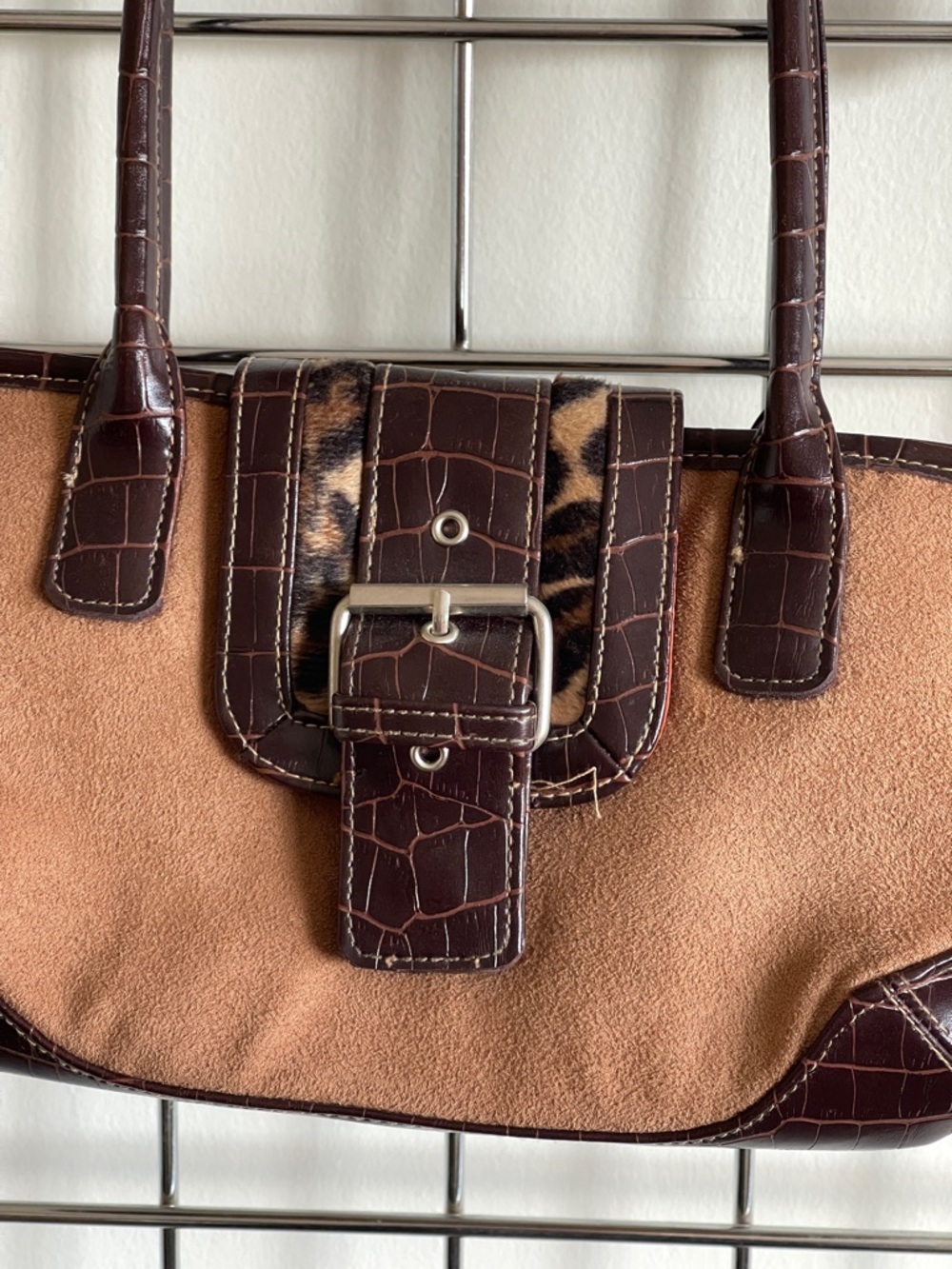 Jennifer Lopez Vintage Brown Faux Suede Satchel Handbag with Dark Brown Trim